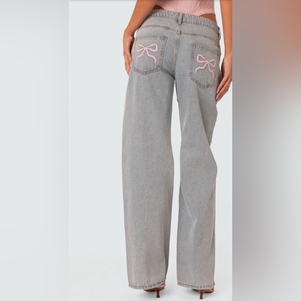 Edikted‎ Women's Size 6 Medium Low Rise Wide Leg Jeans Blue Embroidered Bows